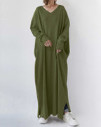 Dames oversized pullover jurk - gezellige casual wear - stijlvolle lange mouw v-hals maxi jurk voor dagelijks gebruik