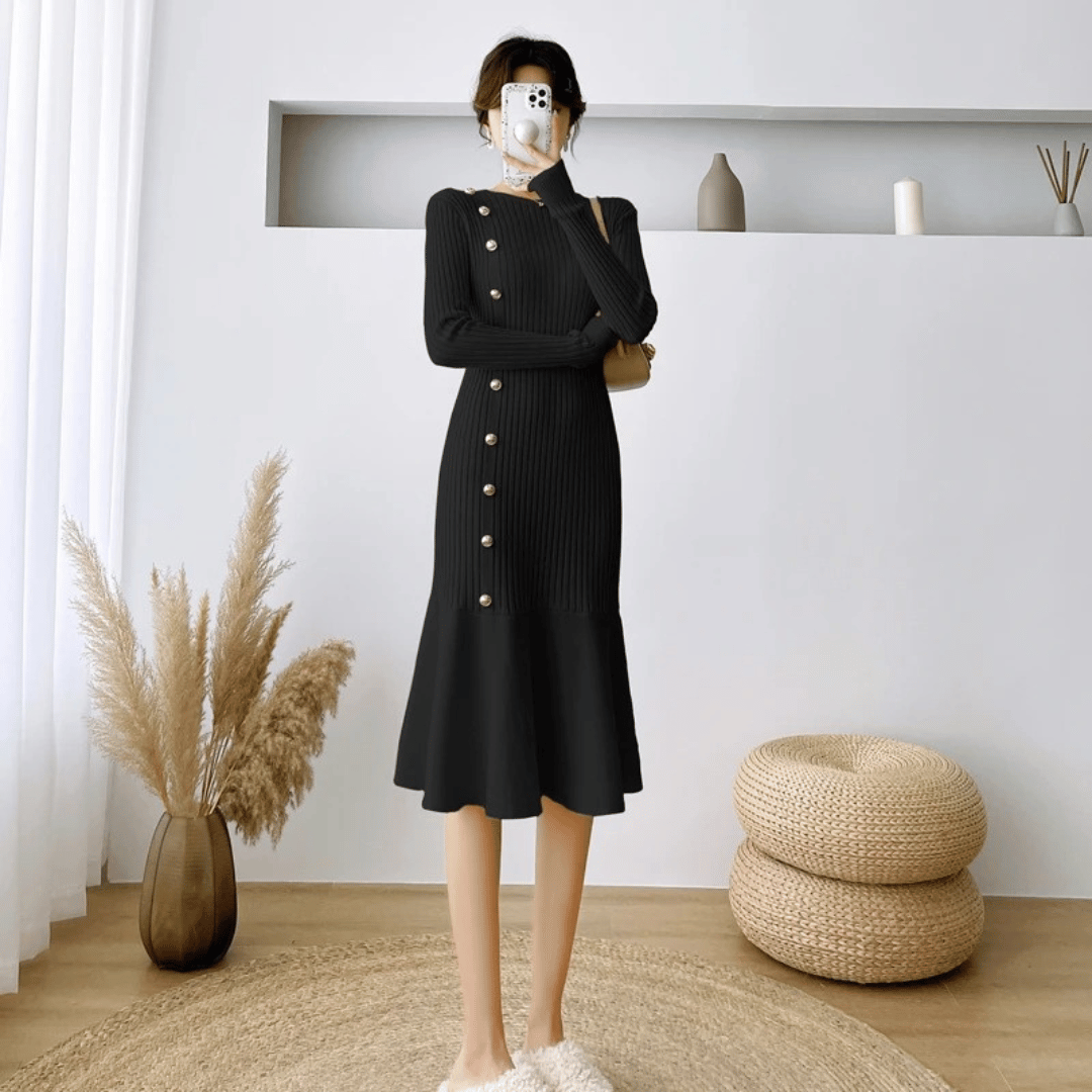 Gebreide jurk - elegante geribde dames midi-jurk - Bakkermode.nl