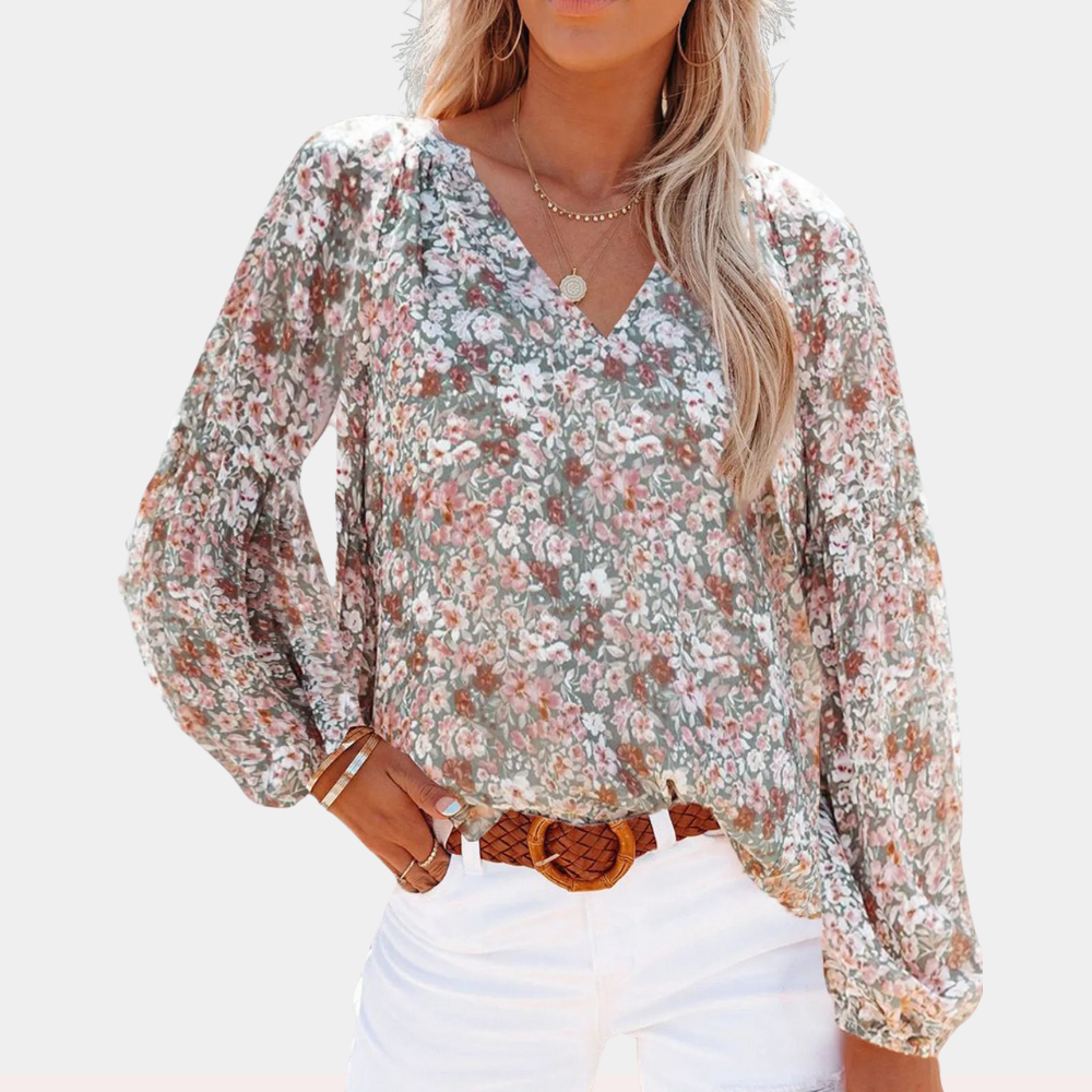 Damesbloes met bloemenprint - elegante casual top - luchtige lange mouwen voor zomeruitstapjes