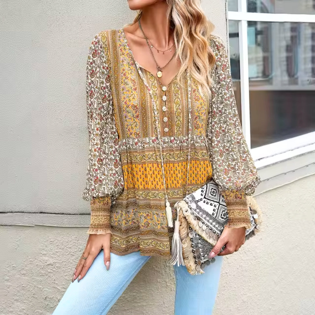 Dames bohemian blouse - trendy lange mouwen top met prints