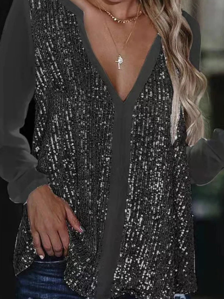 Dames sequined v-hals blouse - elegante avondmode met luxe lange mouwen voor speciale gelegenheden