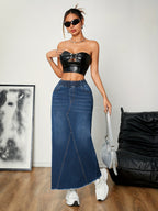 Dames blauwe denim maxi rok - relaxte casual stijl - lange lengte met elastische tailleband, voor dagelijks gebruik