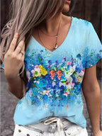 Dames elegante bloemenprint v-hals t-shirt - stijlvolle casual wear voor elke dag