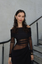 Off-shoulder mesh draped jurk - elegante avondmode voor dames