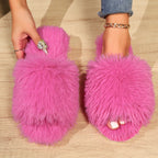 Fluffy pantoffels - dames huis slippers met open teen en faux fur - Bakkermode.nl