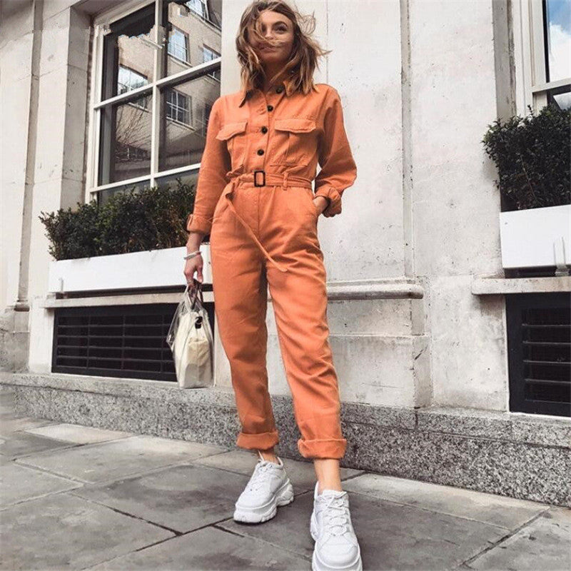 Damesoveralls - stijlvolle casual jumpsuit in oranje met lange mouwen en ceintuur