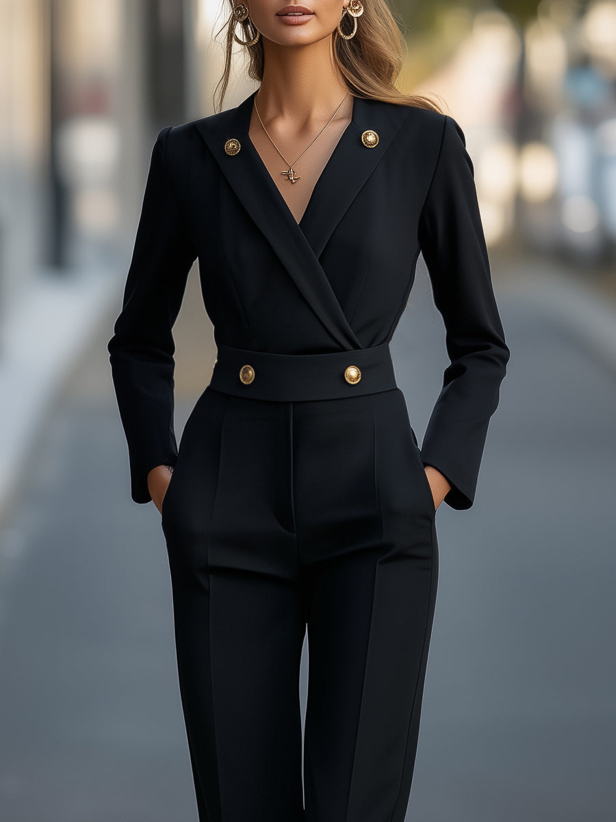 Dames jumpsuit met gouden knoopdetails - elegante kantoorlook in het zwart
