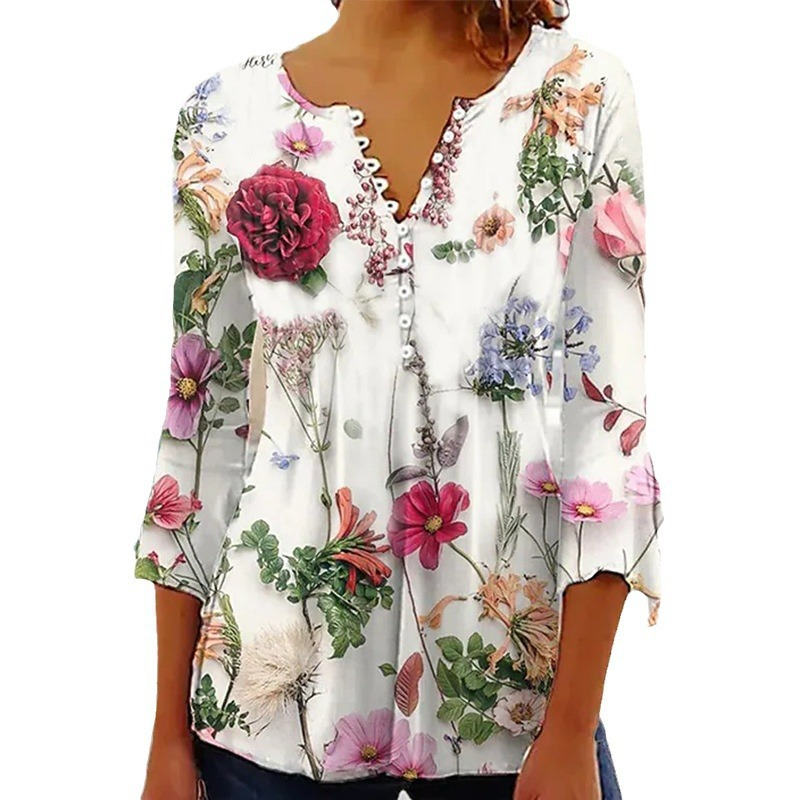 Dames t-shirt met paisleydessin - v-hals en kantdetail met halve mouwen