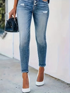 Hoge taille skinny jeans - chic denim broeken met knopdetail