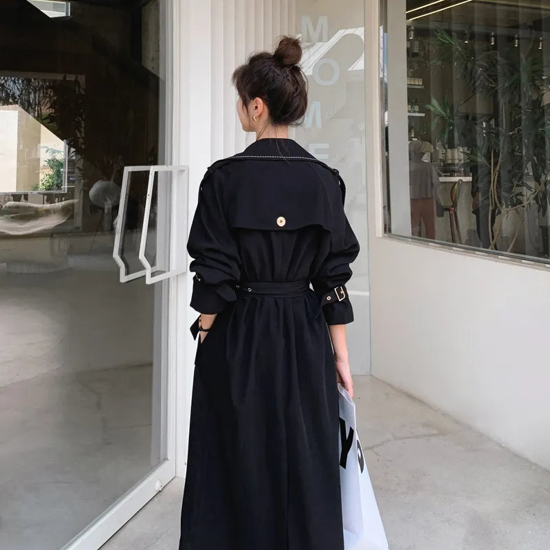 Navy denim trenchcoat - klassieke lange mouwen jas voor dames