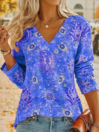 Dames boho top - elegante, gestreepte blouse met lange mouwen