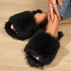 Fluffy pantoffels - dames huis slippers met open teen en faux fur - Bakkermode.nl