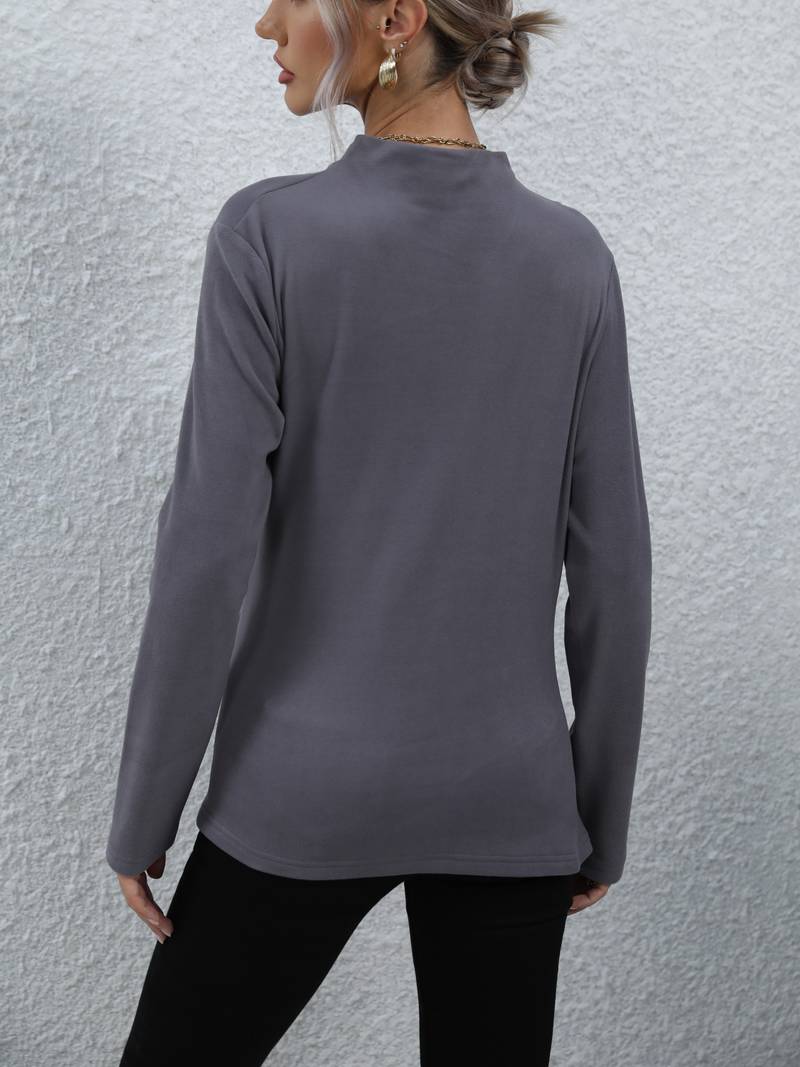 Chic grijze gedrapeerde top - casual dames blouse met lange mouwen