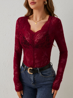 Dames kanten bodysuit - verfijnd blouse met lange mouwen voor avondkleding, elegante kantdetails