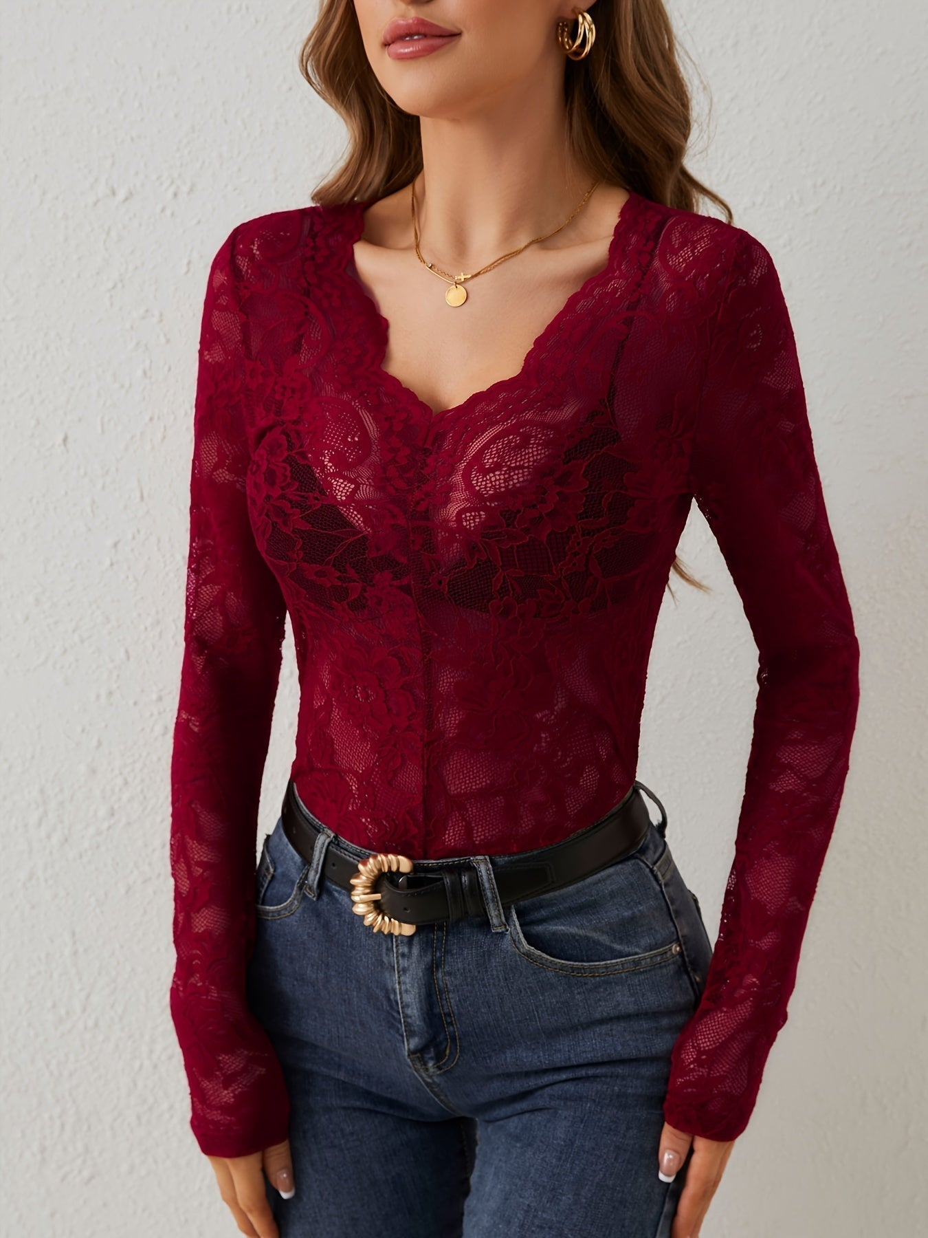 Dames kanten bodysuit - verfijnd blouse met lange mouwen voor avondkleding, elegante kantdetails