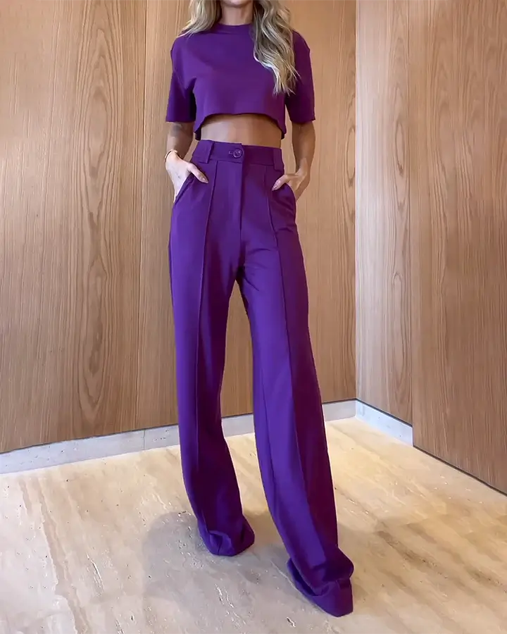 2-delige dames set met op maat gemaakte cropped top en flared broek - smart casual ensemble voor moeiteloze stijl