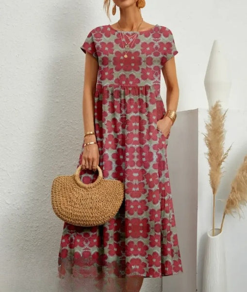 Bloemenprint maxi jurk voor dames - casual met elegante korte mouwen en handige zakken