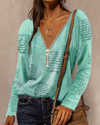 Dames v-hals blouse met ritsdetail - casual lange mouwen top