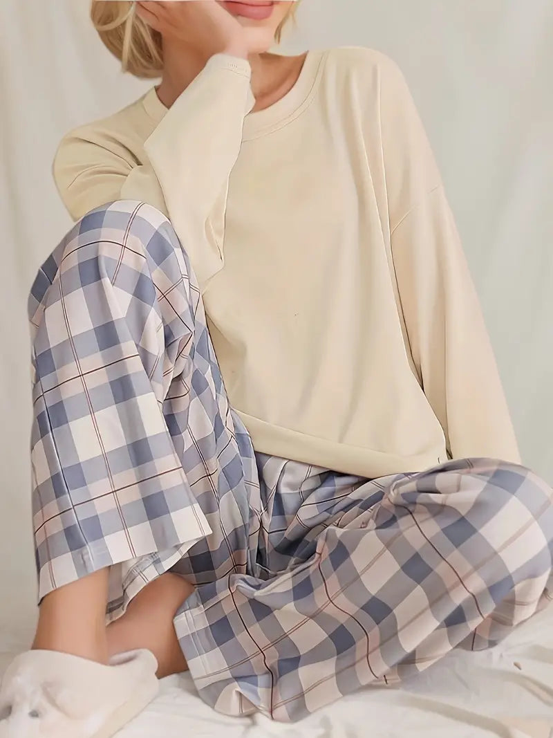 2-delige dames loungewear set - lange mouw top en geruite broek