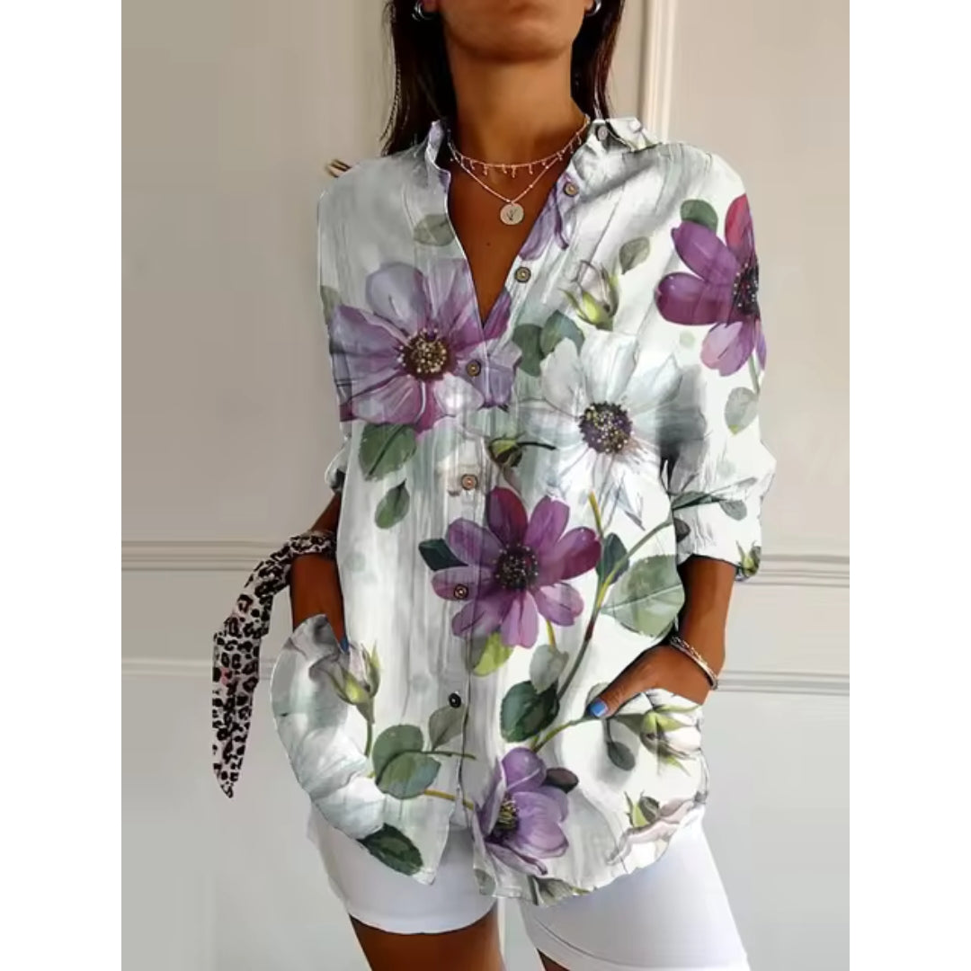 Dameslange mouwen bloem blouse - lichte dagelijkse outfit voor een casual uitje