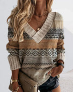 Dames v-hals trui met stijlvolle gebreide patroon in beige - casual knitwear voor de herfst/winter