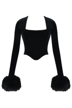 Dames feestjurk elegante zwarte fluwelen corset top met nepbont manchetten - chique lange mouwen avondoutfit