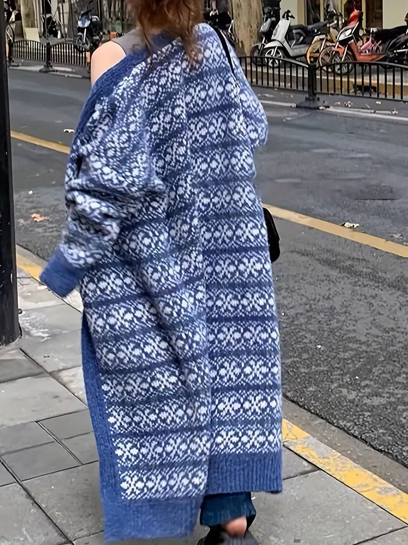 Blauwe lange gebreide cardigan - trendy oversized damestrui - Bakkermode.nl