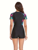 Dames zwart zip-up short sleeve badpak - geometrische print zwemkleding voor zwembad & strandactiviteiten