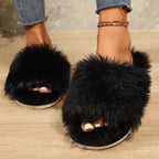 Fluffy pantoffels - dames huis slippers met open teen en faux fur - Bakkermode.nl