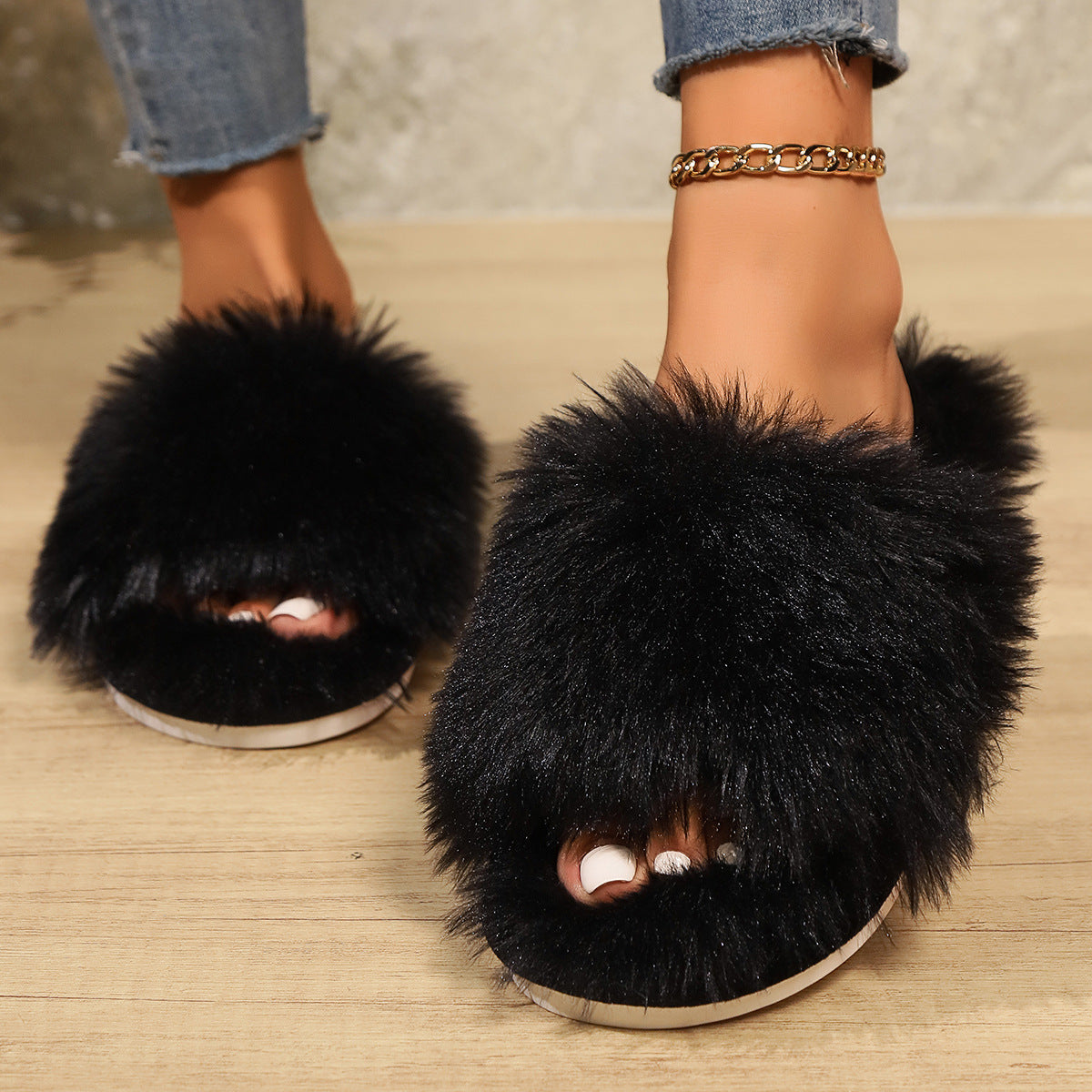 Fluffy pantoffels - dames huis slippers met open teen en faux fur - Bakkermode.nl
