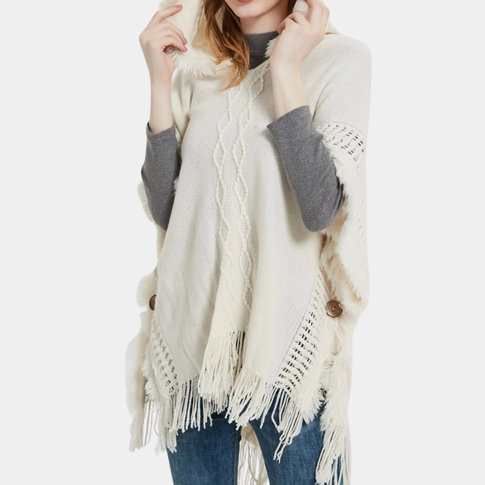 Poncho trui - chique beige damesgebreide wrap met capuchon