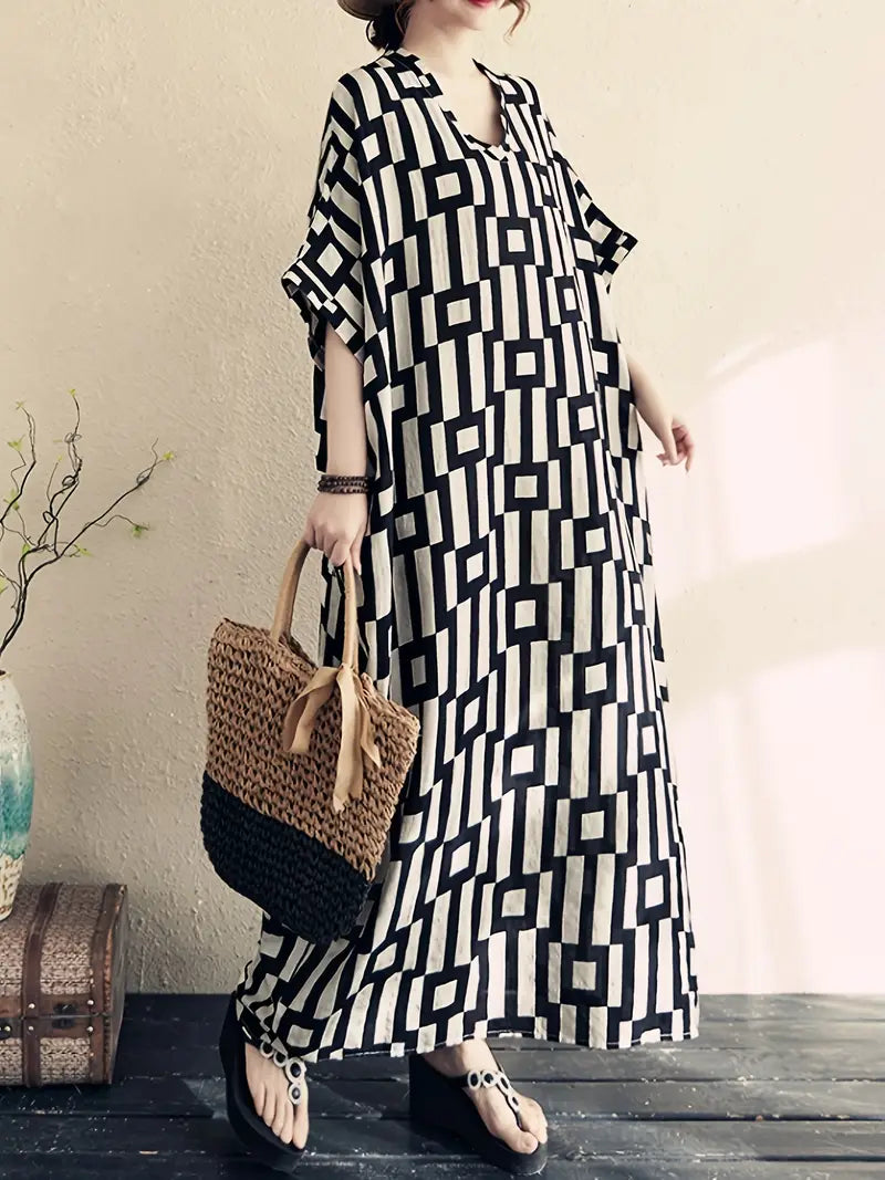 Maxi-jurk - moderne zwart-witte patroon jurk voor dames