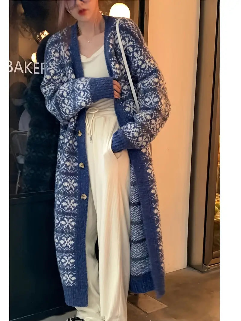 Blauwe lange gebreide cardigan - trendy oversized damestrui - Bakkermode.nl