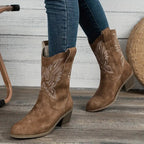 Camel cowboylaarzen - dames geborduurde enkelboots met blokhak