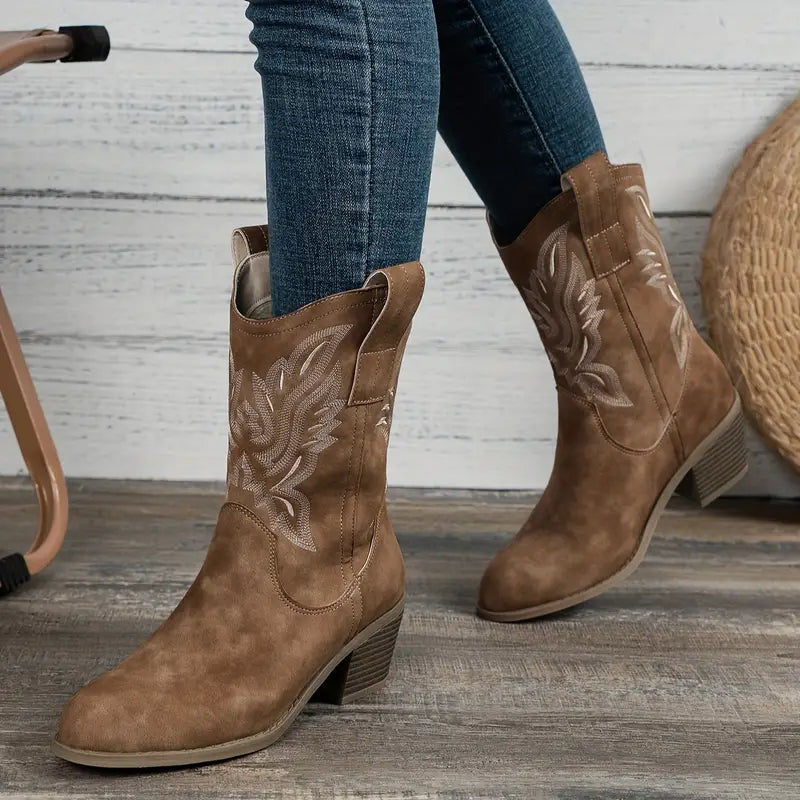 Camel cowboylaarzen - dames geborduurde enkelboots met blokhak