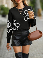 Dames casual sweater met bloemenborduurwerk - zachte brei jumper voor alledag