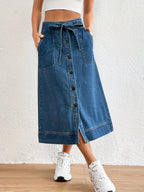 Denim midi rok - koningsblauwe damesrok met strikceintuur