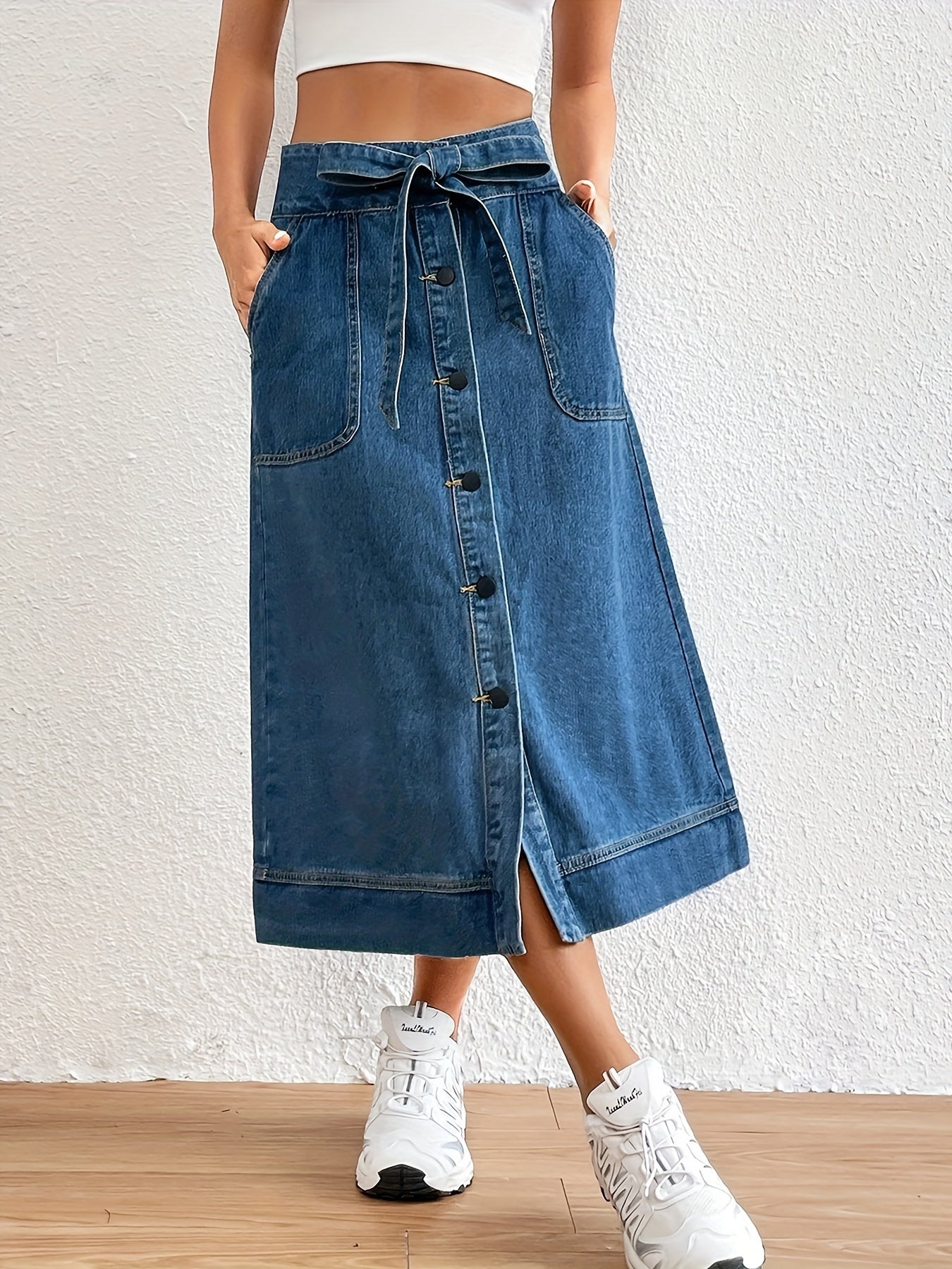 Denim midi rok - koningsblauwe damesrok met strikceintuur