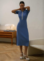 Geribde midi-jurk met polokraag - elegante dames gebreide jurk - Bakkermode.nl