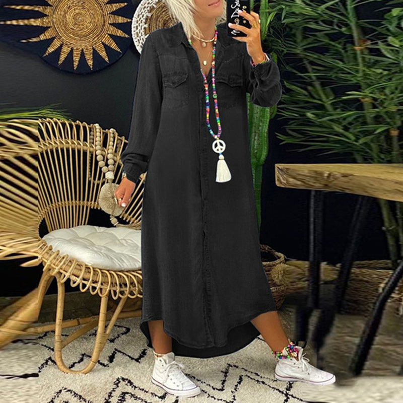 Dames denim shirt jurk midi met lange mouwen - veelzijdige casual uitstraling voor elke gelegenheid