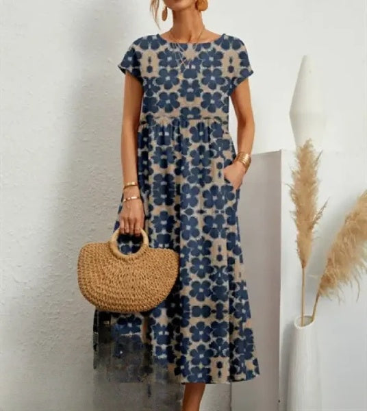 Bloemenprint maxi jurk voor dames - casual met elegante korte mouwen en handige zakken
