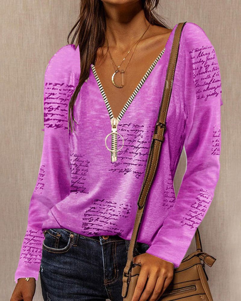 Dames v-hals blouse met ritsdetail - casual lange mouwen top