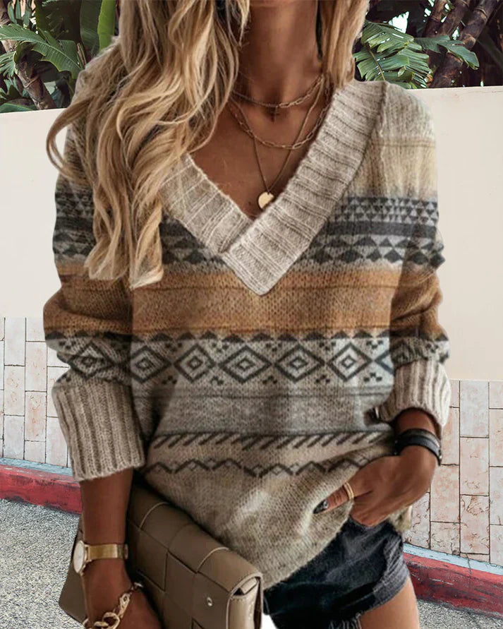 Dames v-hals trui met stijlvolle gebreide patroon in beige - casual knitwear voor de herfst/winter