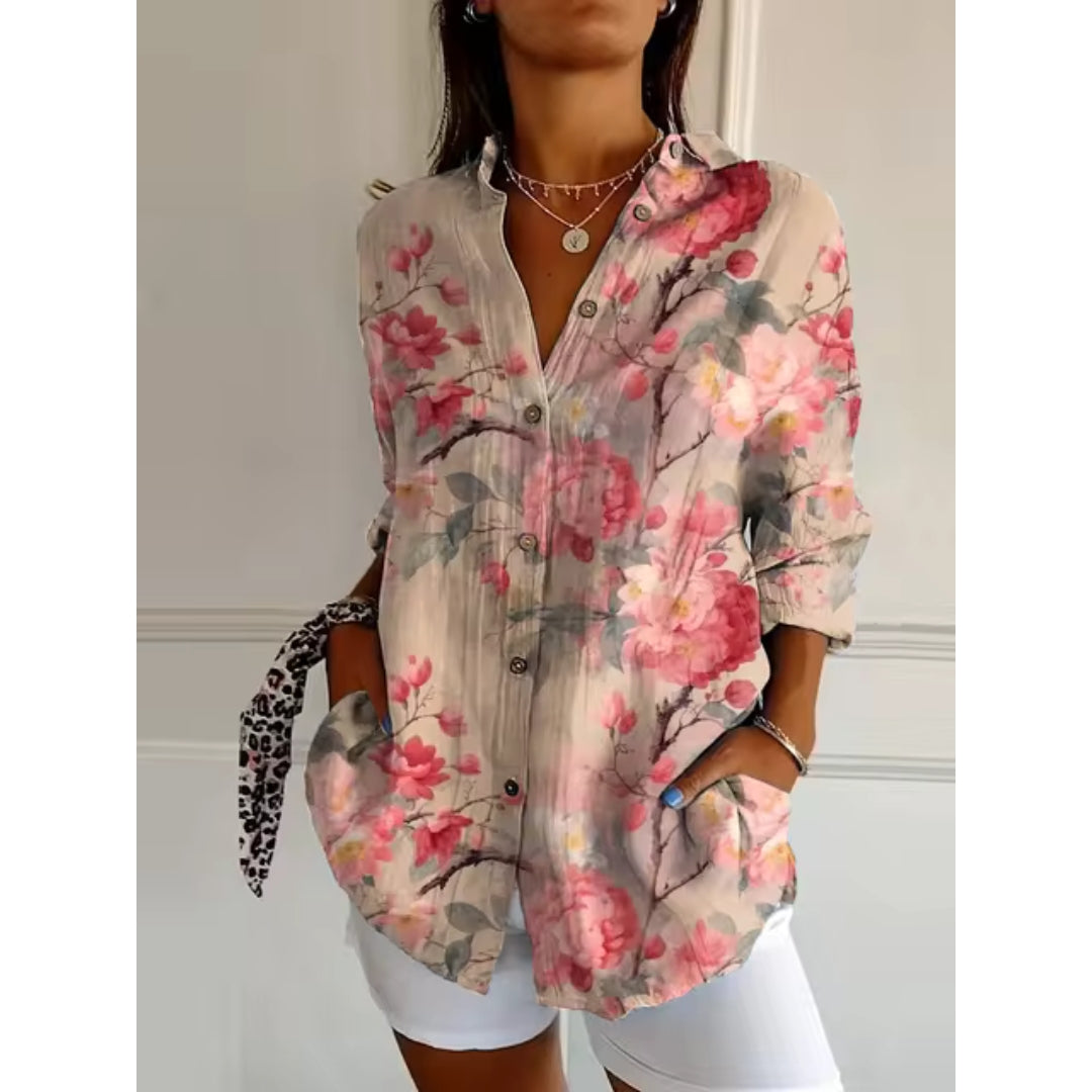 Dameslange mouwen bloem blouse - lichte dagelijkse outfit voor een casual uitje