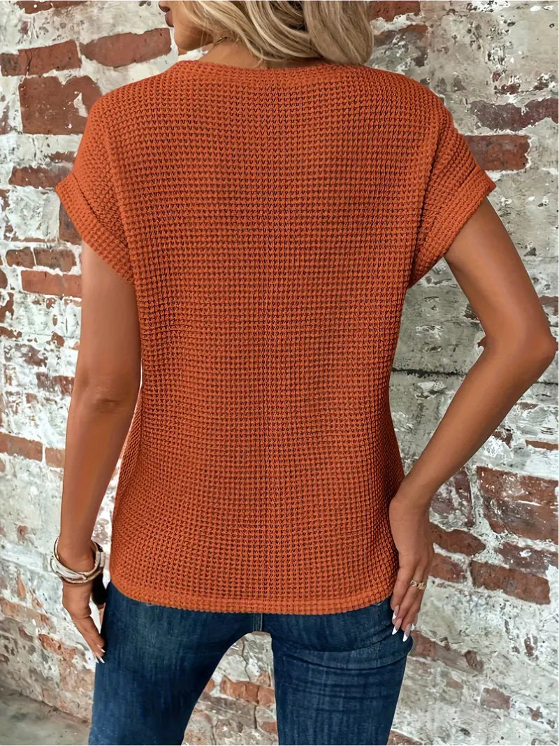 Dames waffle knit t-shirt - lichte casual top met korte mouwen voor elke gelegenheid