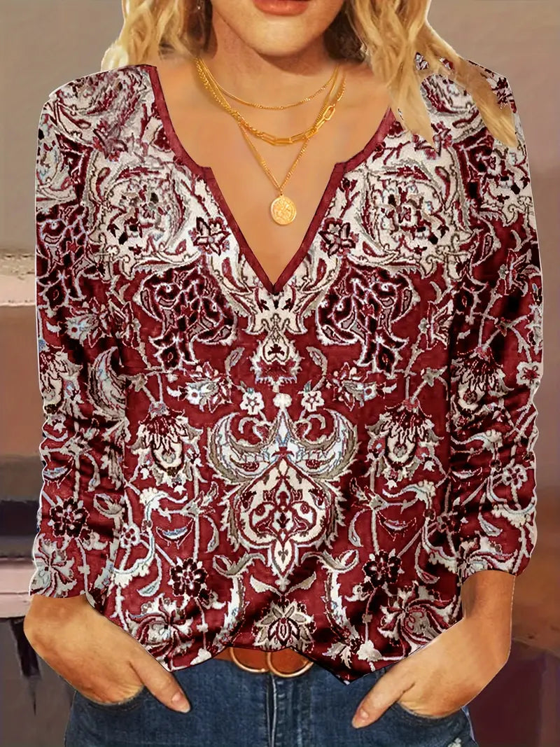 Bloemenprint tuniek - dames blouse met lange mouwen en v-hals