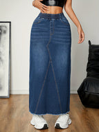 Dames blauwe denim maxi rok - relaxte casual stijl - lange lengte met elastische tailleband, voor dagelijks gebruik
