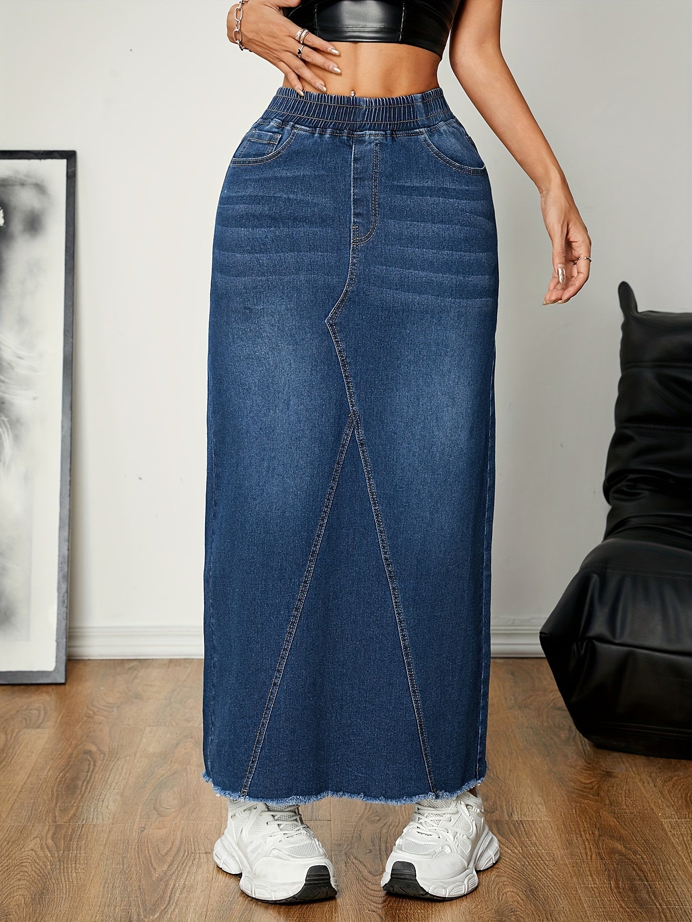 Dames blauwe denim maxi rok - relaxte casual stijl - lange lengte met elastische tailleband, voor dagelijks gebruik