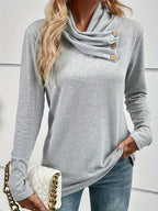 Dames lange mouw top met cowl hals - lichtgrijs - stijlvolle casual everyday wear met knoopdetails