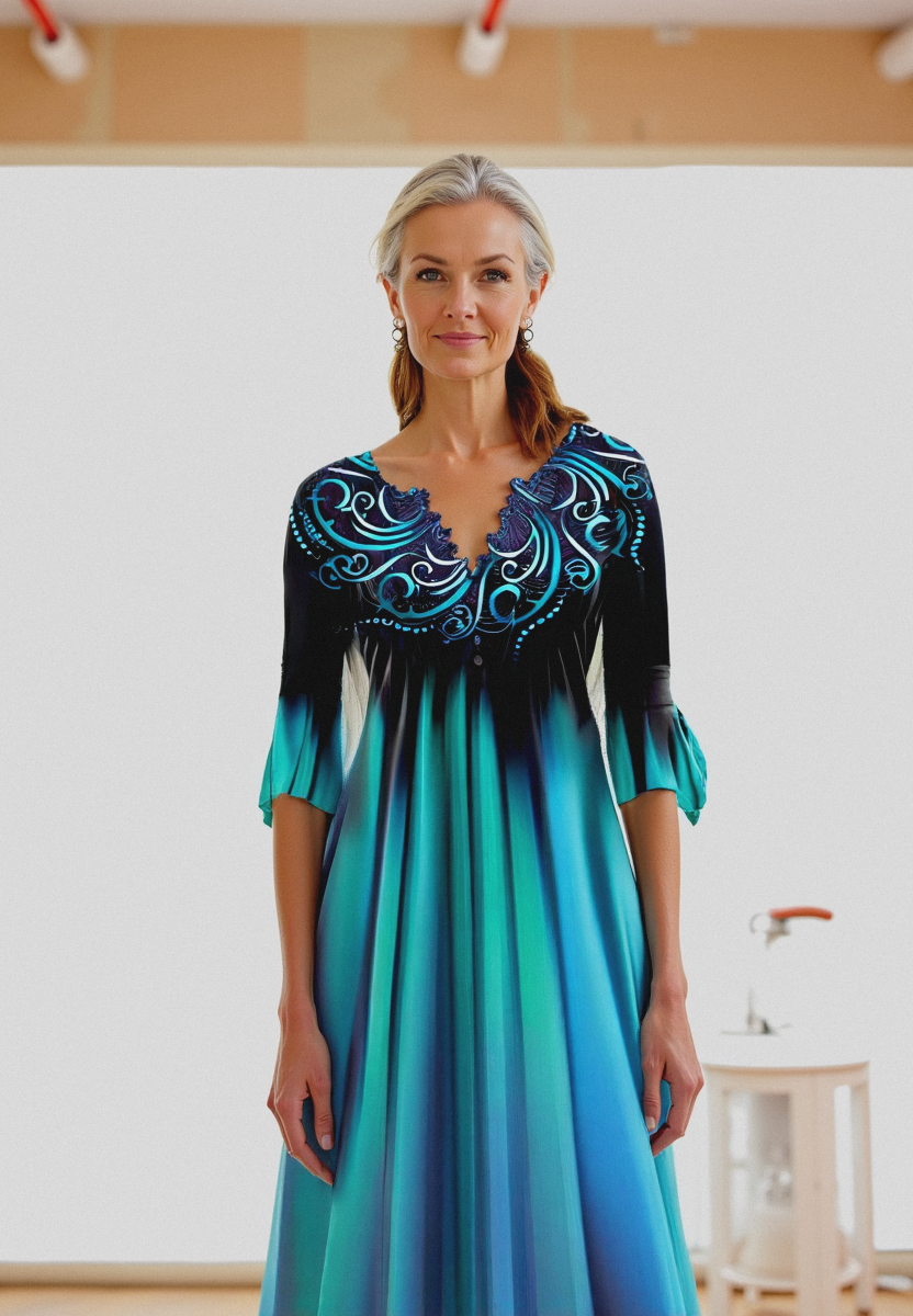 Dames midi jurk met een elegante blauwe gradient en 3/4 mouwen - chique bloemenontwerp voor bijzondere gelegenheden